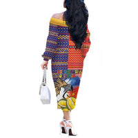 Philippines Kadayawan Off The Shoulder Long Sleeve Dress Filipino Eagle Durian with Polynesian and Igorots Pattern - Wonder Print Shop