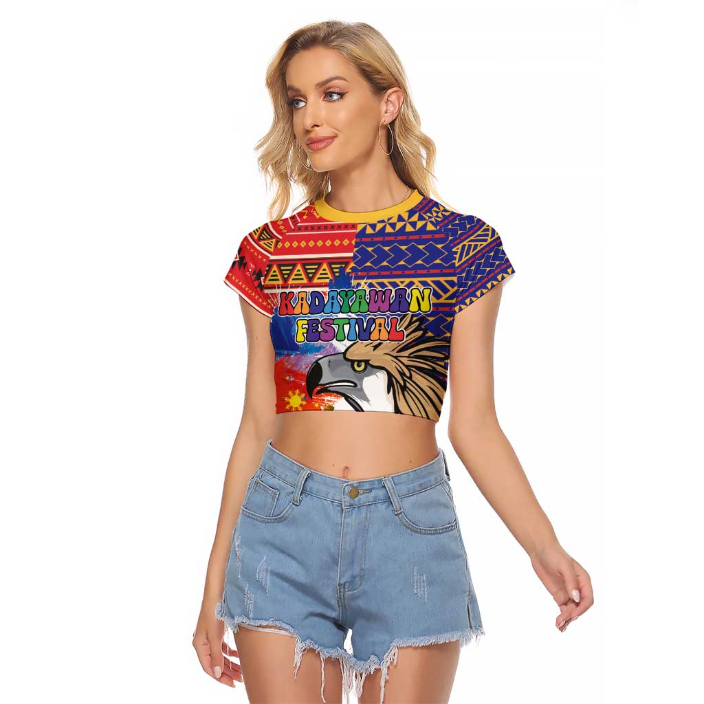 Philippines Kadayawan Raglan Cropped T Shirt Filipino Eagle Durian with Polynesian and Igorots Pattern - Wonder Print Shop