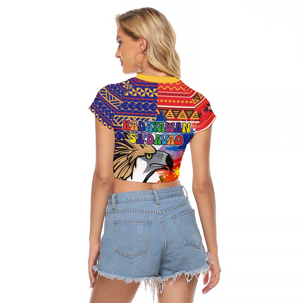 Philippines Kadayawan Raglan Cropped T Shirt Filipino Eagle Durian with Polynesian and Igorots Pattern - Wonder Print Shop