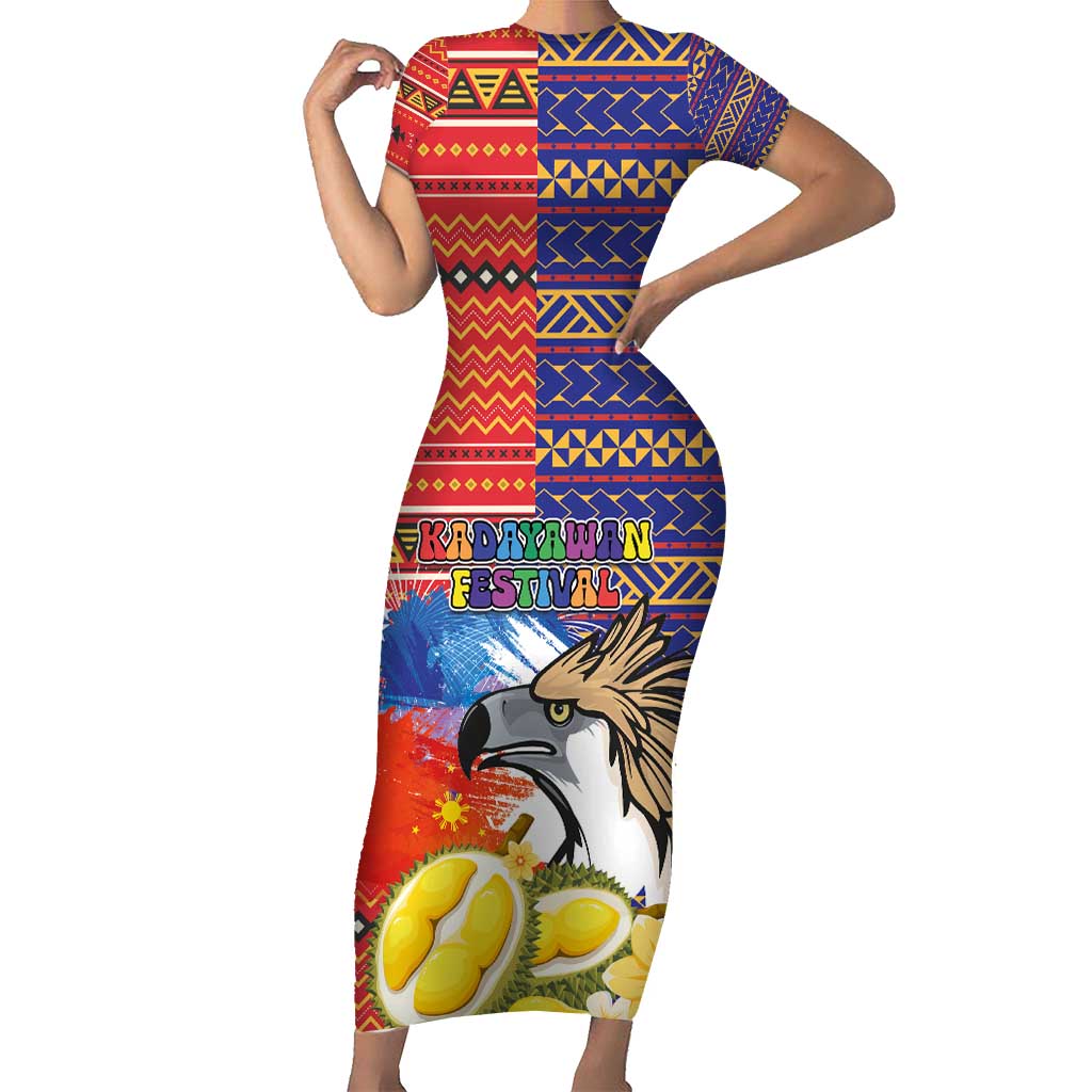 Philippines Kadayawan Short Sleeve Bodycon Dress Filipino Eagle Durian with Polynesian and Igorots Pattern - Wonder Print Shop