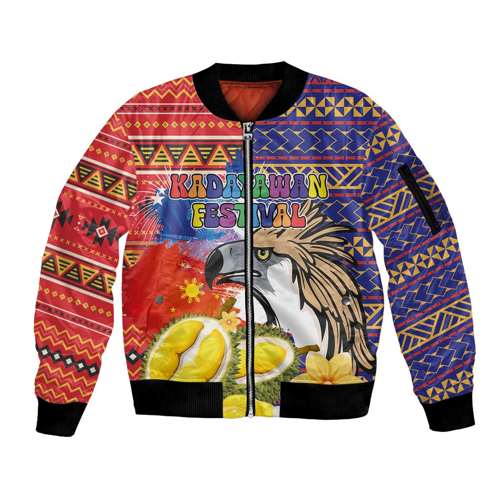 Philippines Kadayawan Sleeve Zip Bomber Jacket Filipino Eagle Durian with Polynesian and Igorots Pattern - Wonder Print Shop