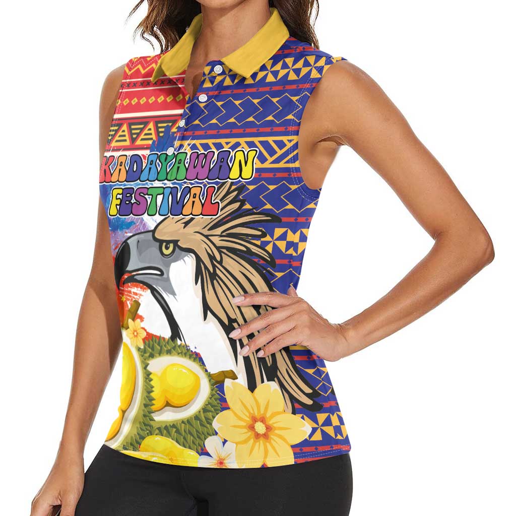 Philippines Kadayawan Women Sleeveless Polo Shirt Filipino Eagle Durian with Polynesian and Igorots Pattern - Wonder Print Shop