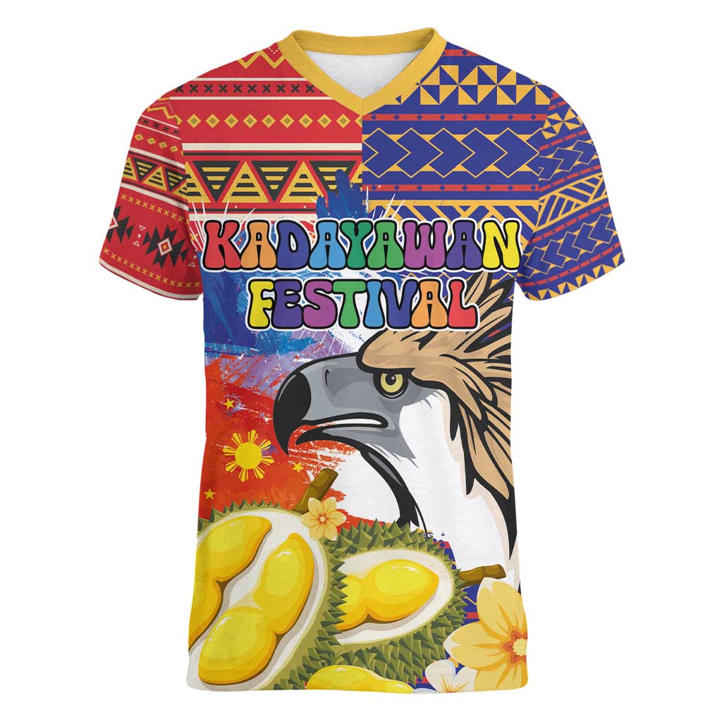Philippines Kadayawan Women V-Neck T-Shirt Filipino Eagle Durian with Polynesian and Igorots Pattern - Wonder Print Shop