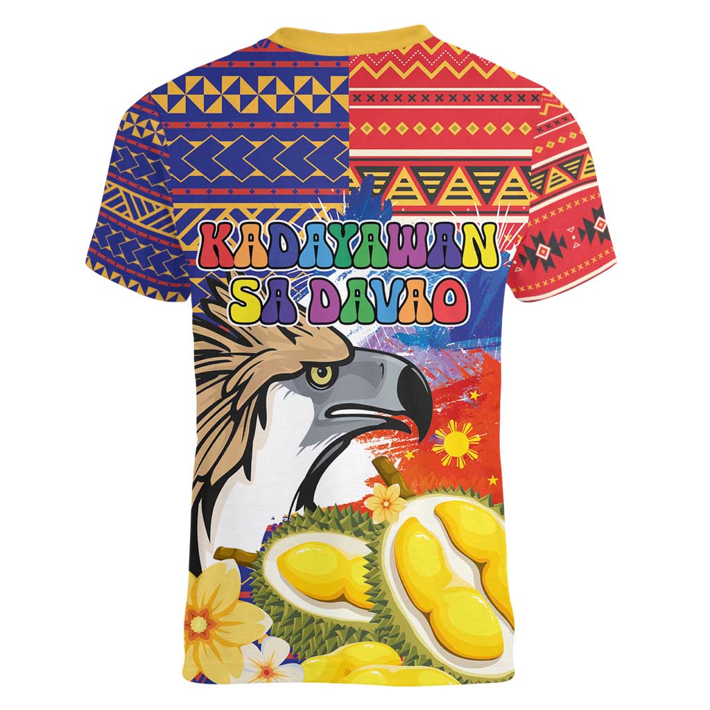 Philippines Kadayawan Women V-Neck T-Shirt Filipino Eagle Durian with Polynesian and Igorots Pattern - Wonder Print Shop