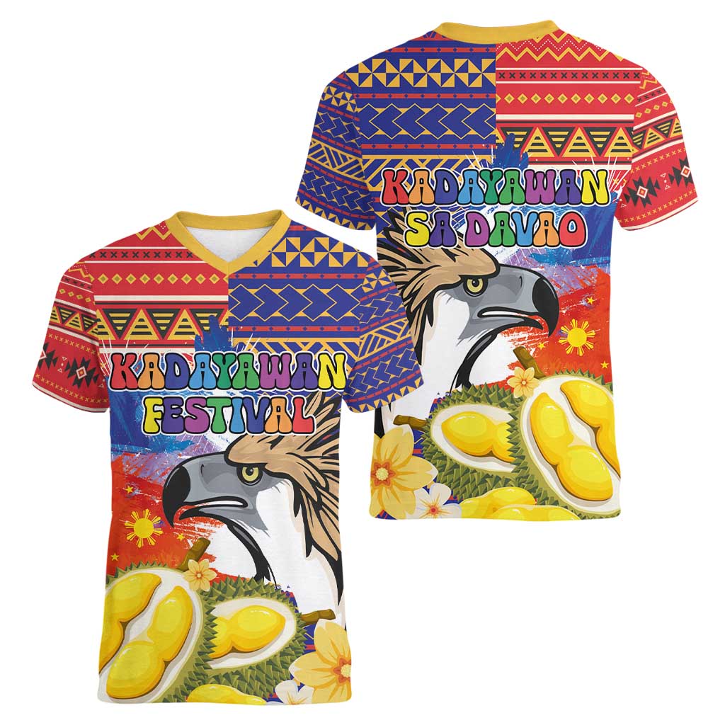 Philippines Kadayawan Women V-Neck T-Shirt Filipino Eagle Durian with Polynesian and Igorots Pattern - Wonder Print Shop