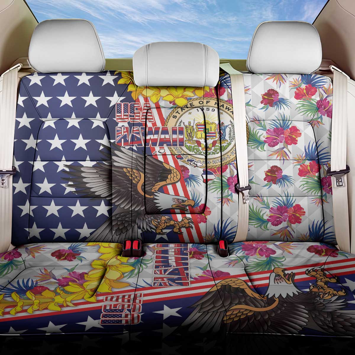 Hawaii and United States Together Back Car Seat Cover Seal of Hawaii and Bald Eagle - Wonder Print Shop