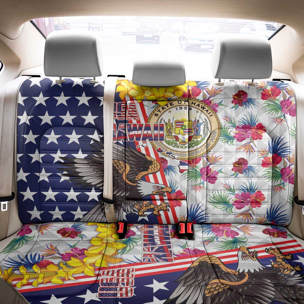 Hawaii and United States Together Back Car Seat Cover Seal of Hawaii and Bald Eagle - Wonder Print Shop
