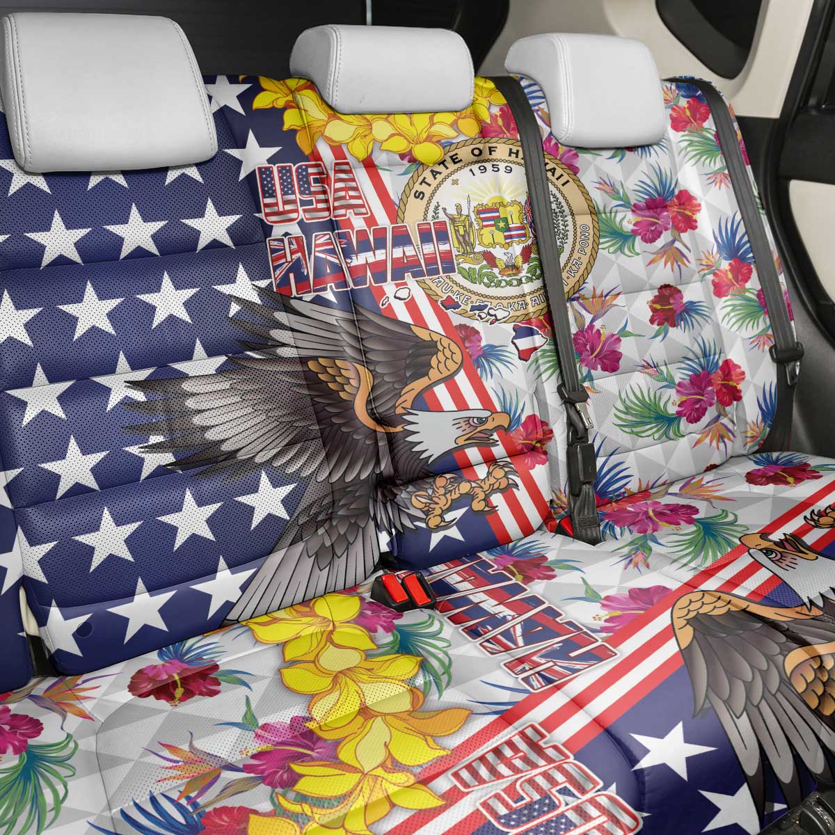 Hawaii and United States Together Back Car Seat Cover Seal of Hawaii and Bald Eagle - Wonder Print Shop