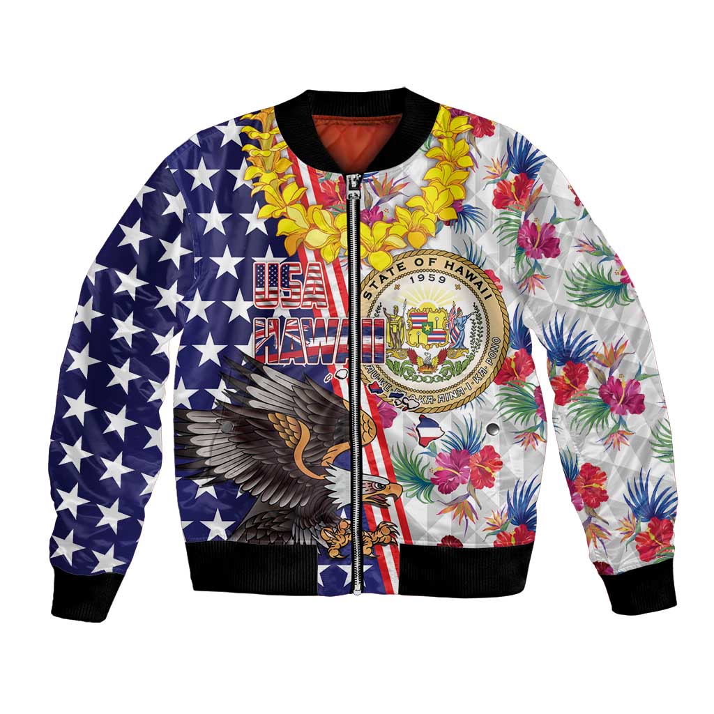 Hawaii and United States Together Bomber Jacket Seal of Hawaii and Bald Eagle - Wonder Print Shop