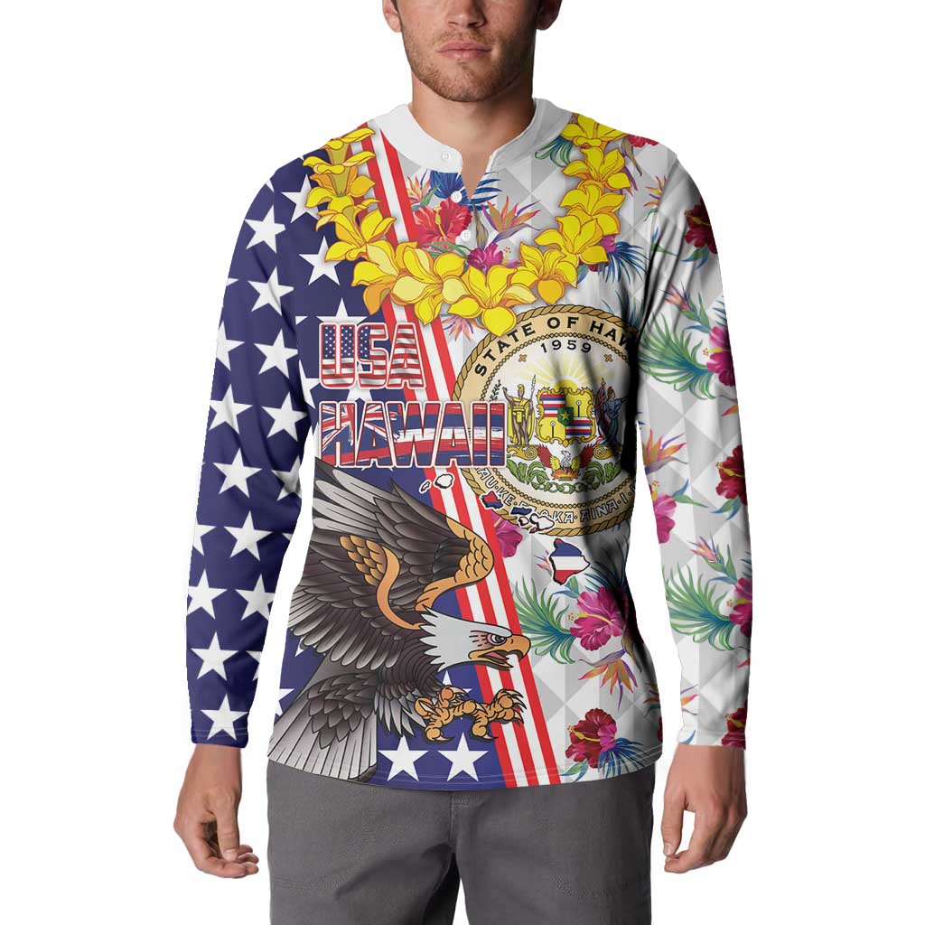 Hawaii and United States Together Button Sweatshirt Seal of Hawaii and Bald Eagle - Wonder Print Shop