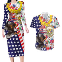 Hawaii and United States Together Couples Matching Long Sleeve Bodycon Dress and Hawaiian Shirt Seal of Hawaii and Bald Eagle - Wonder Print Shop