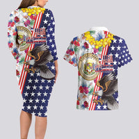 Hawaii and United States Together Couples Matching Long Sleeve Bodycon Dress and Hawaiian Shirt Seal of Hawaii and Bald Eagle - Wonder Print Shop