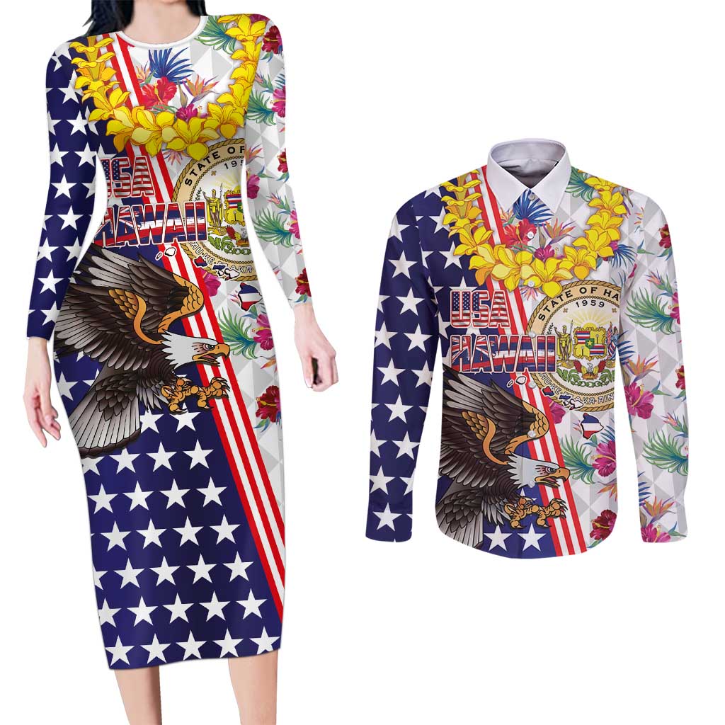 Hawaii and United States Together Couples Matching Long Sleeve Bodycon Dress and Long Sleeve Button Shirt Seal of Hawaii and Bald Eagle - Wonder Print Shop