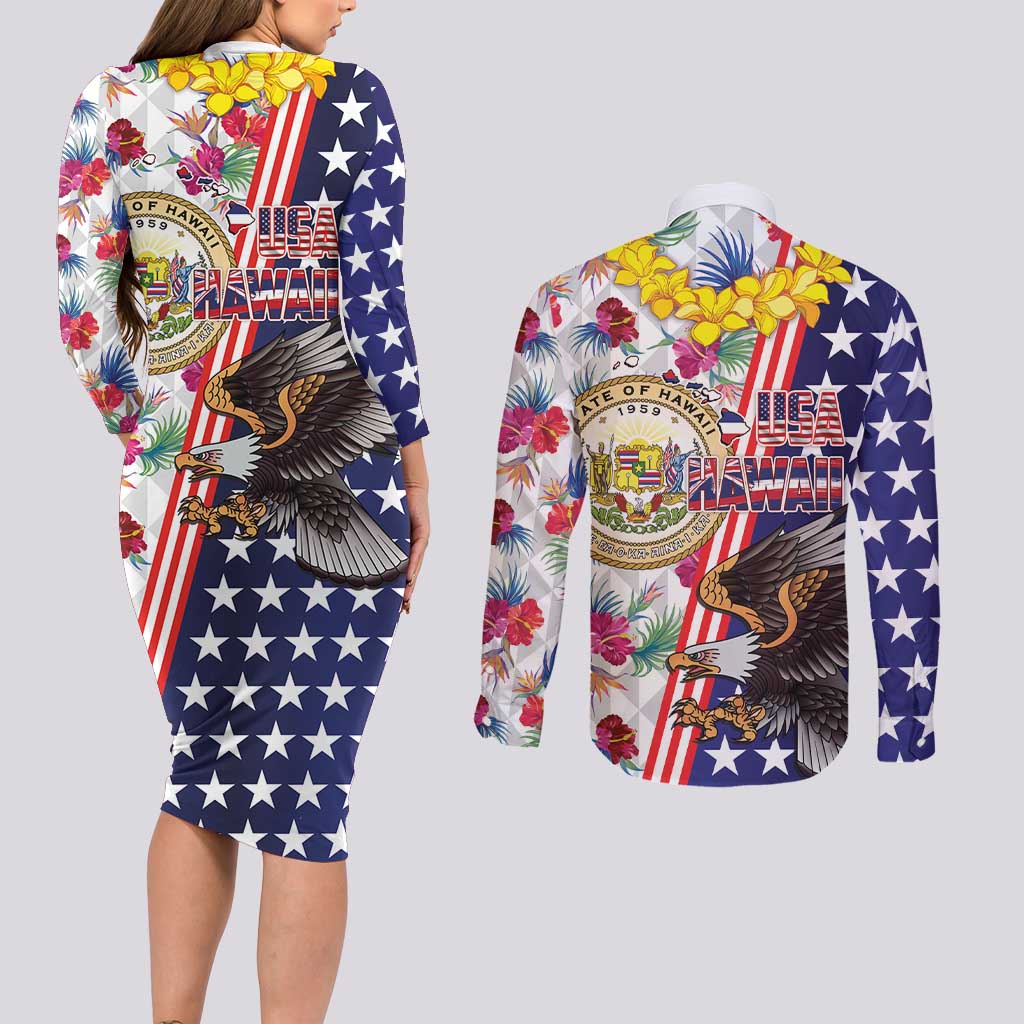 Hawaii and United States Together Couples Matching Long Sleeve Bodycon Dress and Long Sleeve Button Shirt Seal of Hawaii and Bald Eagle - Wonder Print Shop