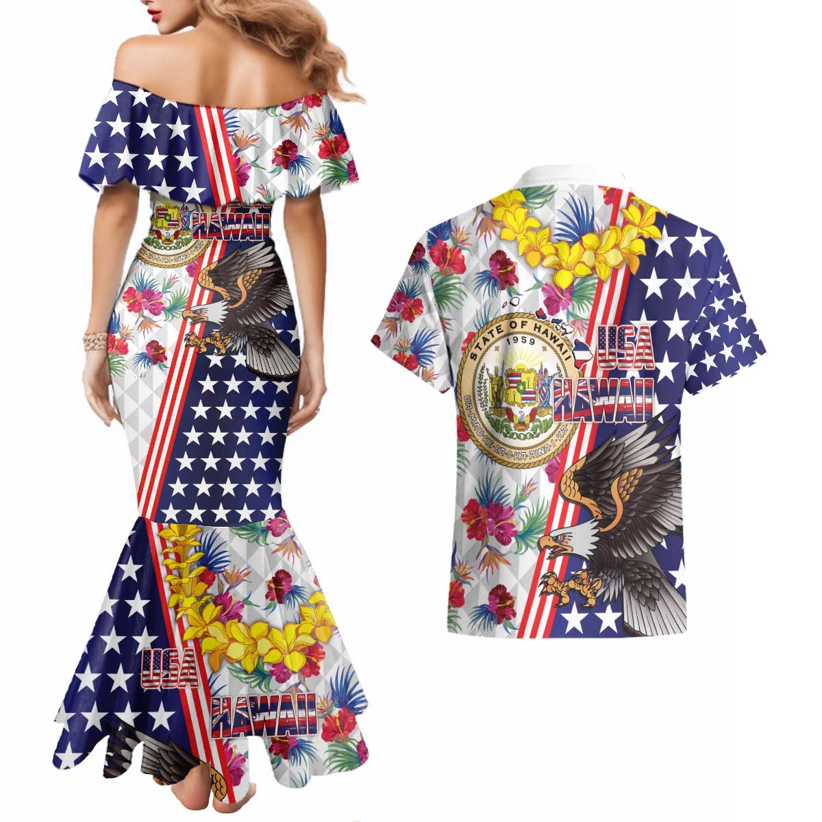 Hawaii and United States Together Couples Matching Mermaid Dress and Hawaiian Shirt Seal of Hawaii and Bald Eagle - Wonder Print Shop