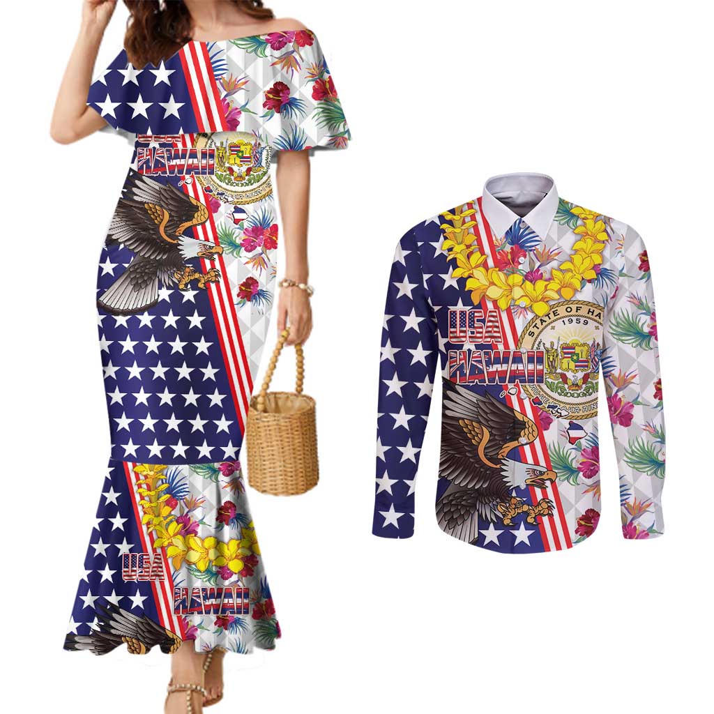 Hawaii and United States Together Couples Matching Mermaid Dress and Long Sleeve Button Shirt Seal of Hawaii and Bald Eagle - Wonder Print Shop