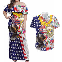 Hawaii and United States Together Couples Matching Off Shoulder Maxi Dress and Hawaiian Shirt Seal of Hawaii and Bald Eagle - Wonder Print Shop