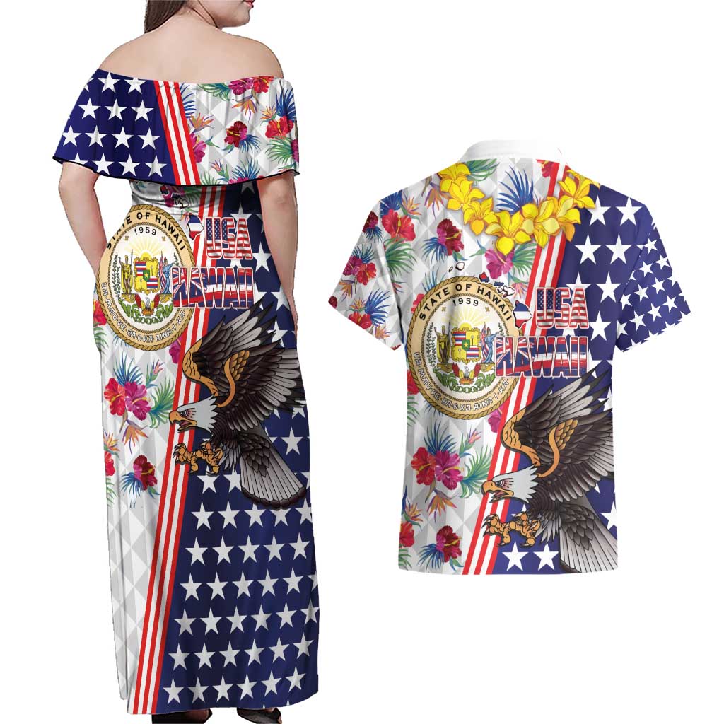 Hawaii and United States Together Couples Matching Off Shoulder Maxi Dress and Hawaiian Shirt Seal of Hawaii and Bald Eagle - Wonder Print Shop