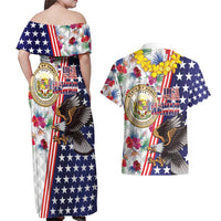 Hawaii and United States Together Couples Matching Off Shoulder Maxi Dress and Hawaiian Shirt Seal of Hawaii and Bald Eagle - Wonder Print Shop