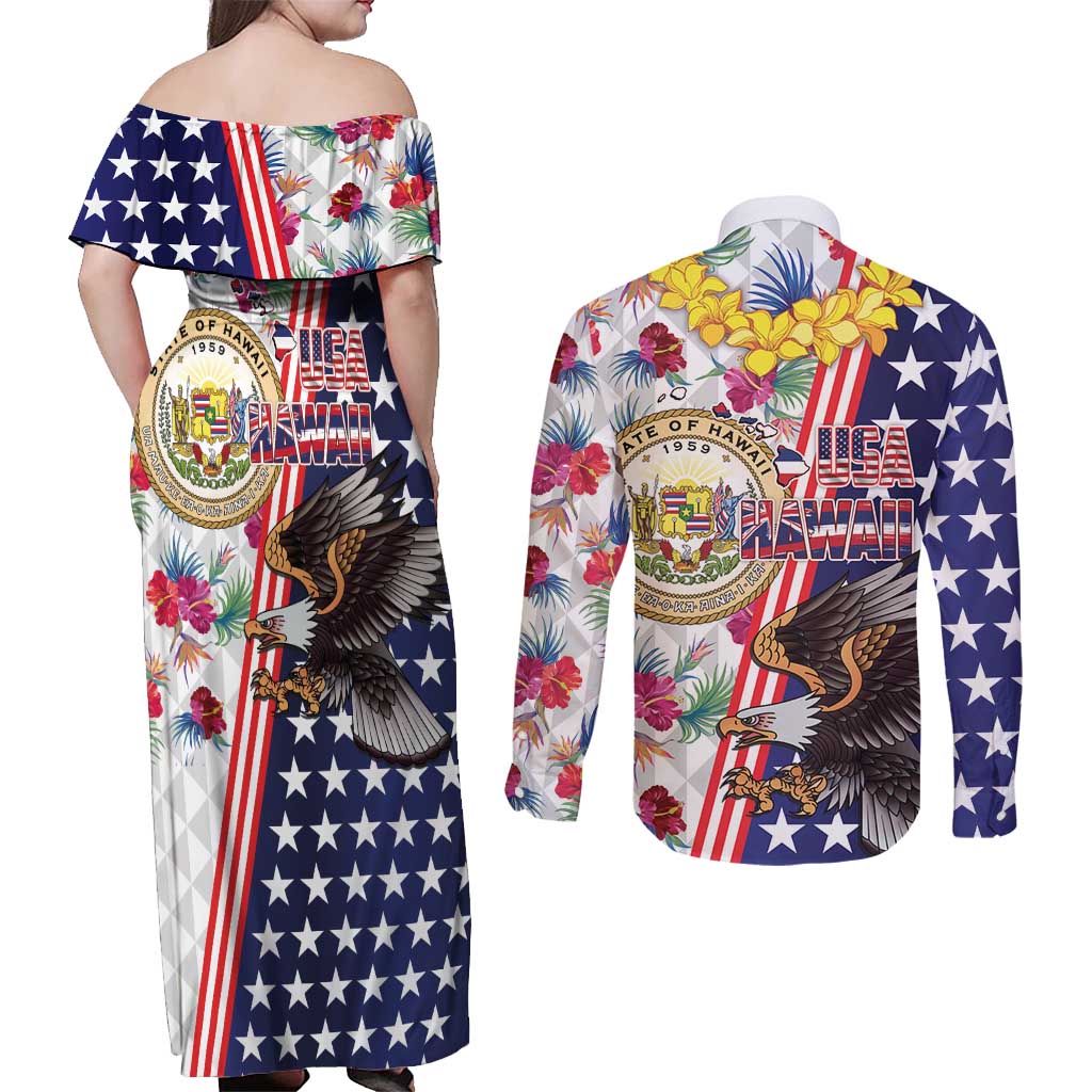 Hawaii and United States Together Couples Matching Off Shoulder Maxi Dress and Long Sleeve Button Shirt Seal of Hawaii and Bald Eagle - Wonder Print Shop
