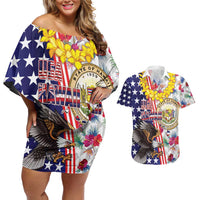 Hawaii and United States Together Couples Matching Off Shoulder Short Dress and Hawaiian Shirt Seal of Hawaii and Bald Eagle - Wonder Print Shop