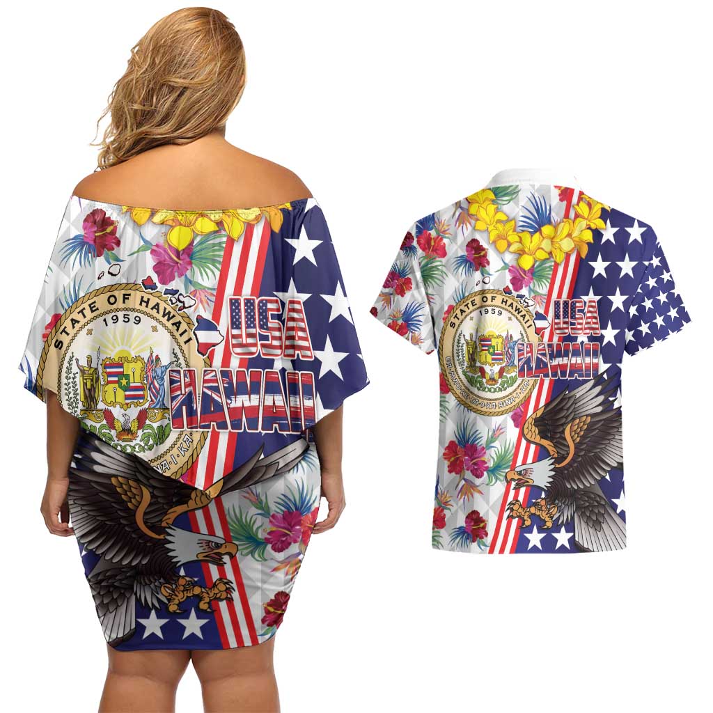 Hawaii and United States Together Couples Matching Off Shoulder Short Dress and Hawaiian Shirt Seal of Hawaii and Bald Eagle - Wonder Print Shop