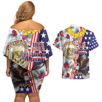Hawaii and United States Together Couples Matching Off Shoulder Short Dress and Hawaiian Shirt Seal of Hawaii and Bald Eagle - Wonder Print Shop