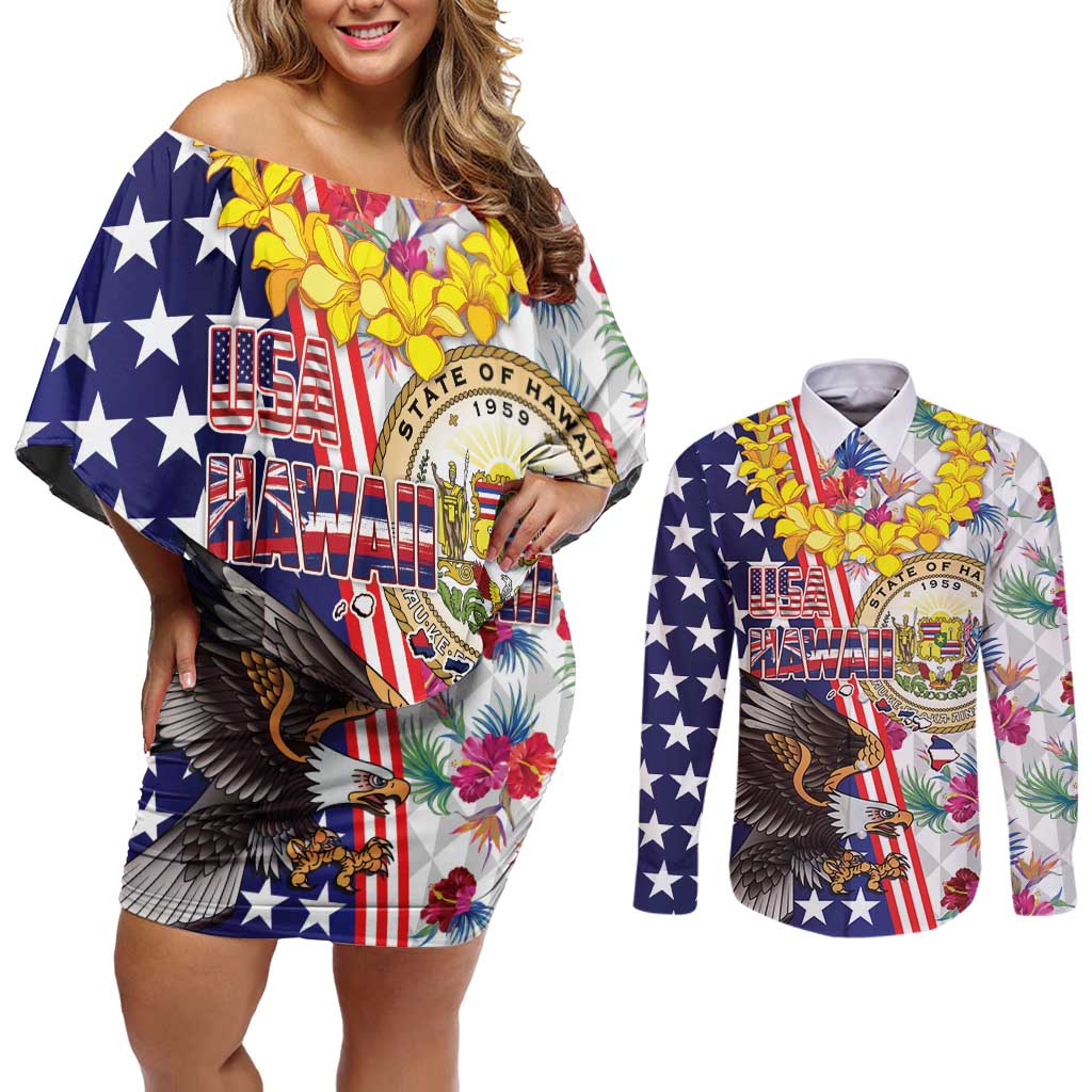Hawaii and United States Together Couples Matching Off Shoulder Short Dress and Long Sleeve Button Shirt Seal of Hawaii and Bald Eagle - Wonder Print Shop