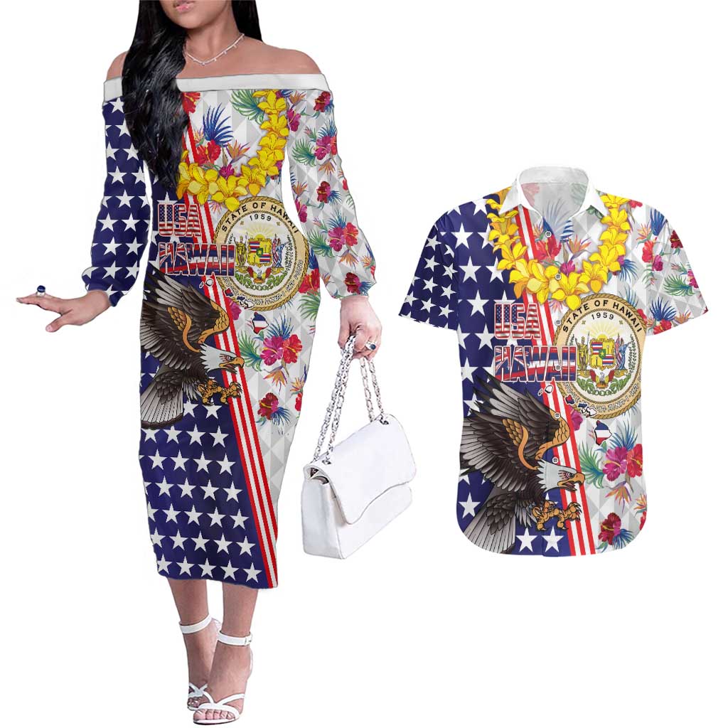 Hawaii and United States Together Couples Matching Off The Shoulder Long Sleeve Dress and Hawaiian Shirt Seal of Hawaii and Bald Eagle - Wonder Print Shop
