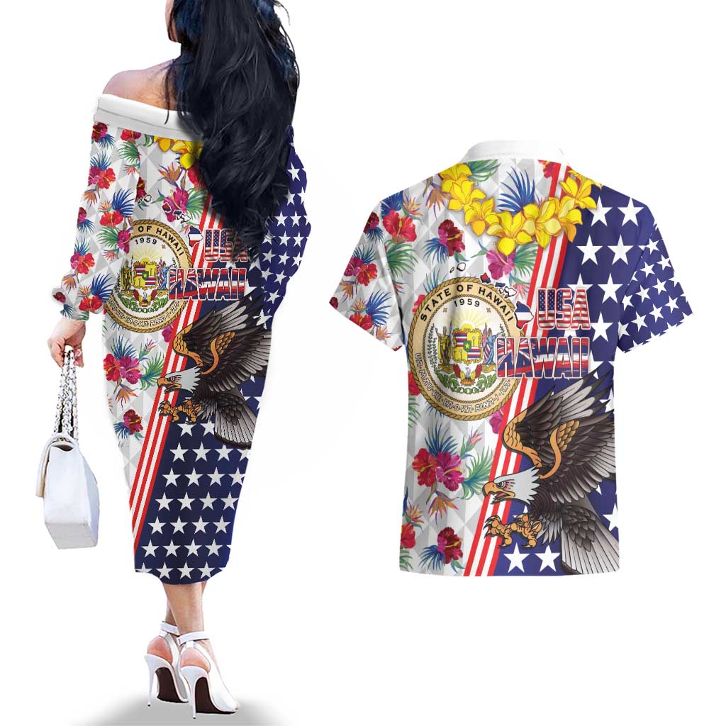 Hawaii and United States Together Couples Matching Off The Shoulder Long Sleeve Dress and Hawaiian Shirt Seal of Hawaii and Bald Eagle - Wonder Print Shop