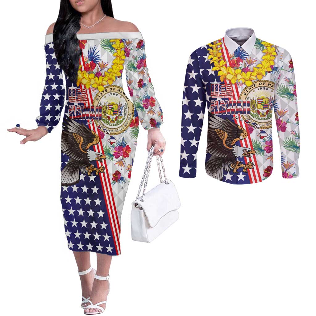 Hawaii and United States Together Couples Matching Off The Shoulder Long Sleeve Dress and Long Sleeve Button Shirt Seal of Hawaii and Bald Eagle - Wonder Print Shop