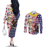 Hawaii and United States Together Couples Matching Off The Shoulder Long Sleeve Dress and Long Sleeve Button Shirt Seal of Hawaii and Bald Eagle - Wonder Print Shop