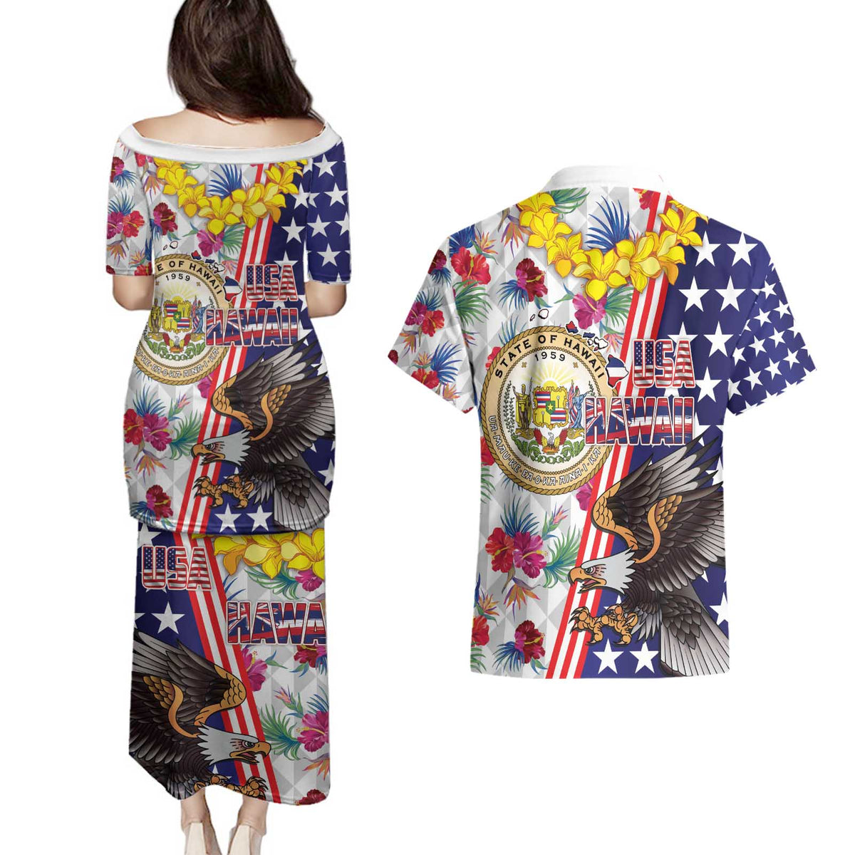 Hawaii and United States Together Couples Matching Puletasi and Hawaiian Shirt Seal of Hawaii and Bald Eagle - Wonder Print Shop
