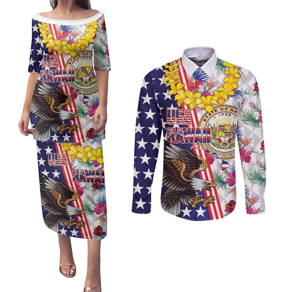 Hawaii and United States Together Couples Matching Puletasi and Long Sleeve Button Shirt Seal of Hawaii and Bald Eagle - Wonder Print Shop