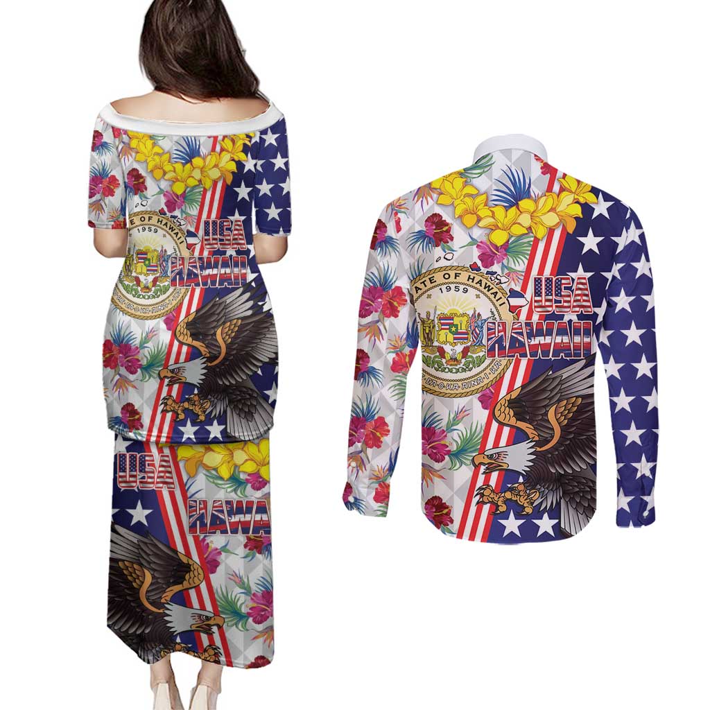 Hawaii and United States Together Couples Matching Puletasi and Long Sleeve Button Shirt Seal of Hawaii and Bald Eagle - Wonder Print Shop
