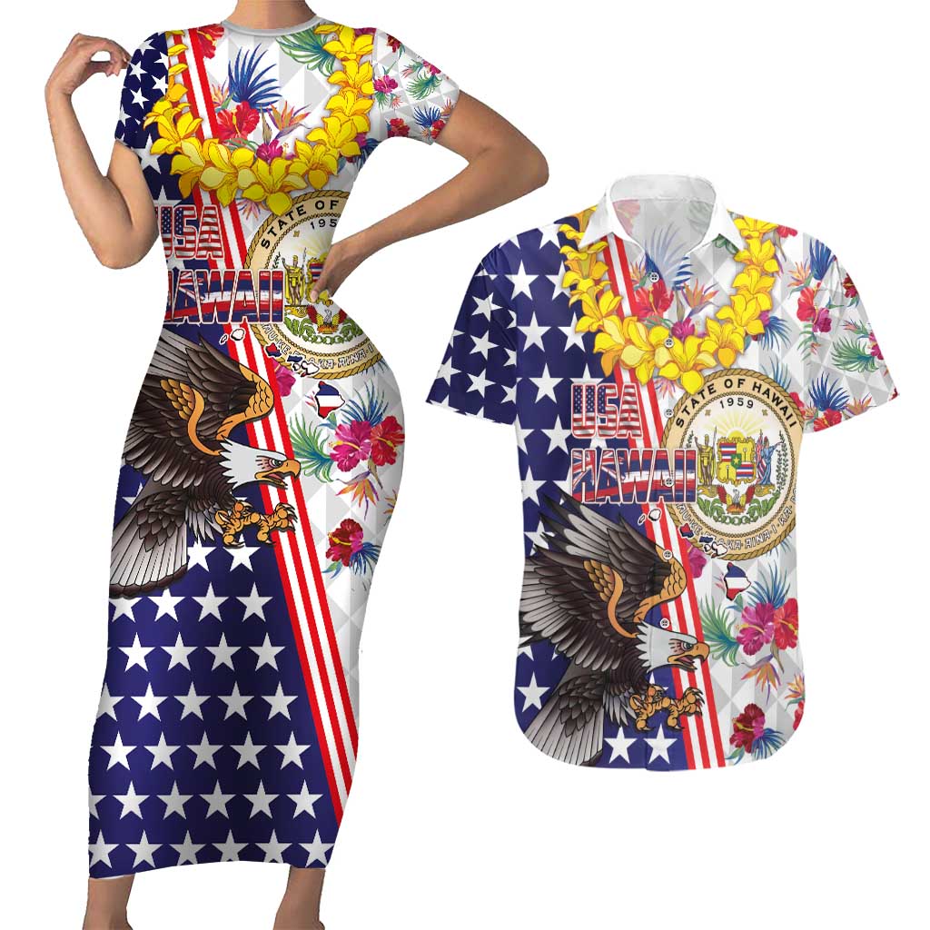 Hawaii and United States Together Couples Matching Short Sleeve Bodycon Dress and Hawaiian Shirt Seal of Hawaii and Bald Eagle - Wonder Print Shop