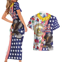 Hawaii and United States Together Couples Matching Short Sleeve Bodycon Dress and Hawaiian Shirt Seal of Hawaii and Bald Eagle - Wonder Print Shop