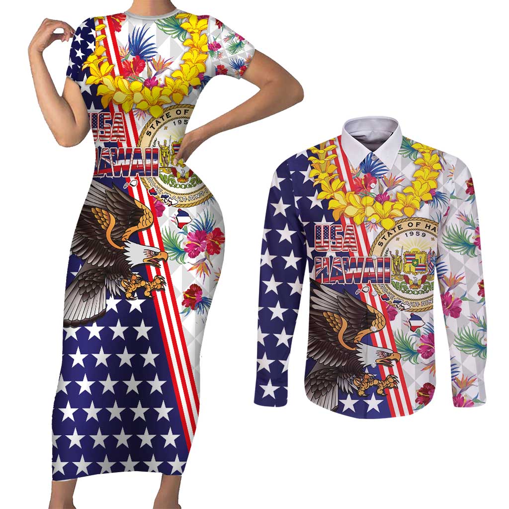 Hawaii and United States Together Couples Matching Short Sleeve Bodycon Dress and Long Sleeve Button Shirt Seal of Hawaii and Bald Eagle - Wonder Print Shop