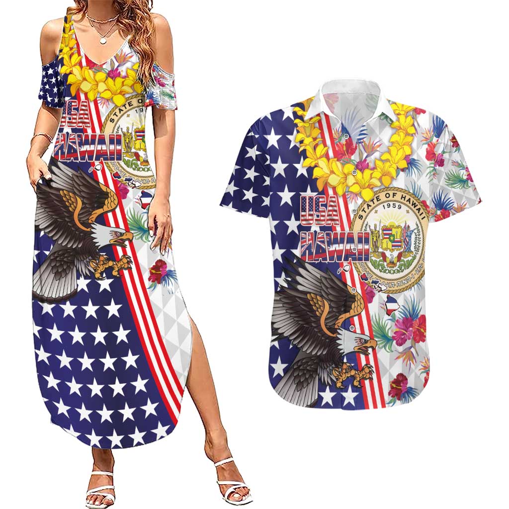 Hawaii and United States Together Couples Matching Summer Maxi Dress and Hawaiian Shirt Seal of Hawaii and Bald Eagle - Wonder Print Shop