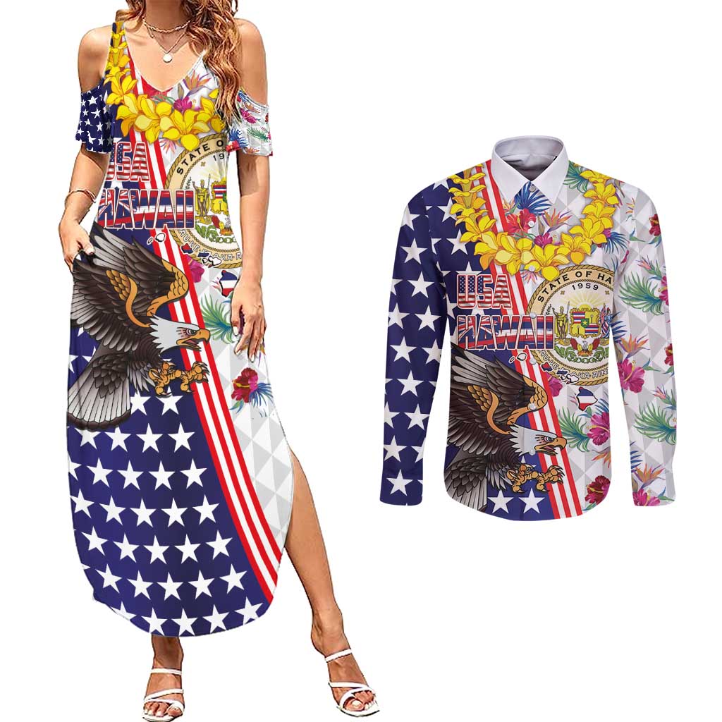 Hawaii and United States Together Couples Matching Summer Maxi Dress and Long Sleeve Button Shirt Seal of Hawaii and Bald Eagle - Wonder Print Shop