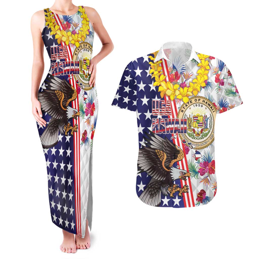 Hawaii and United States Together Couples Matching Tank Maxi Dress and Hawaiian Shirt Seal of Hawaii and Bald Eagle - Wonder Print Shop