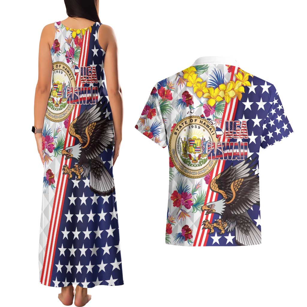 Hawaii and United States Together Couples Matching Tank Maxi Dress and Hawaiian Shirt Seal of Hawaii and Bald Eagle - Wonder Print Shop