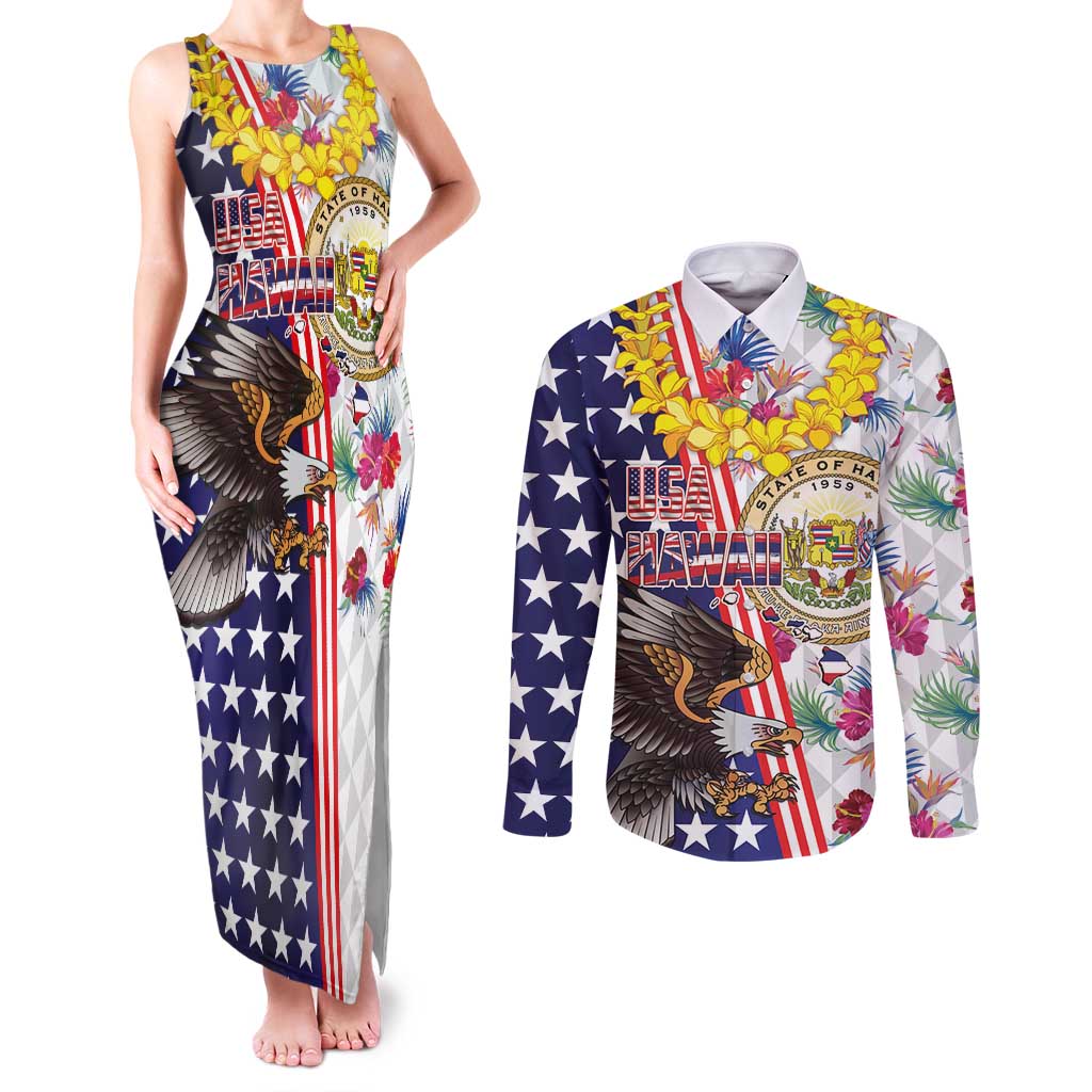 Hawaii and United States Together Couples Matching Tank Maxi Dress and Long Sleeve Button Shirt Seal of Hawaii and Bald Eagle - Wonder Print Shop