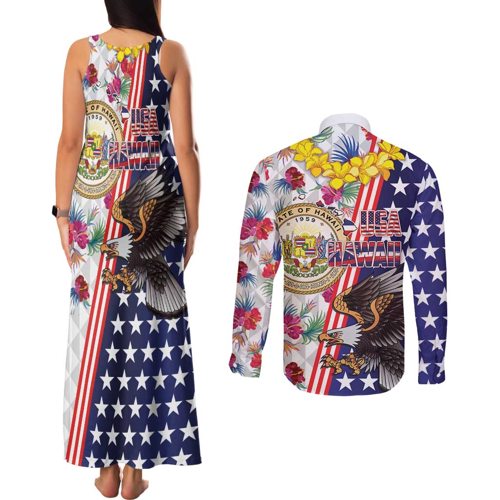 Hawaii and United States Together Couples Matching Tank Maxi Dress and Long Sleeve Button Shirt Seal of Hawaii and Bald Eagle - Wonder Print Shop