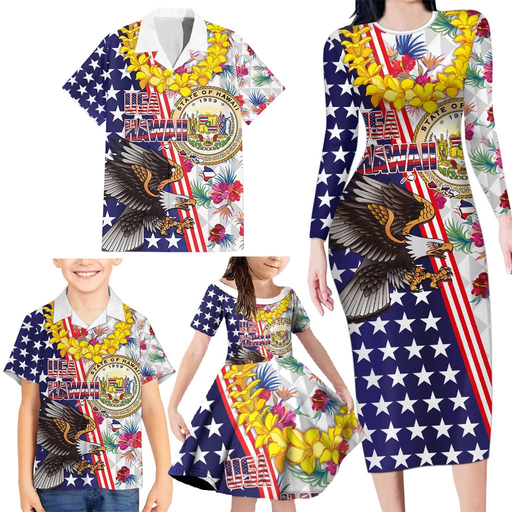 Hawaii and United States Together Family Matching Long Sleeve Bodycon Dress and Hawaiian Shirt Seal of Hawaii and Bald Eagle - Wonder Print Shop