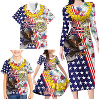 Hawaii and United States Together Family Matching Long Sleeve Bodycon Dress and Hawaiian Shirt Seal of Hawaii and Bald Eagle - Wonder Print Shop