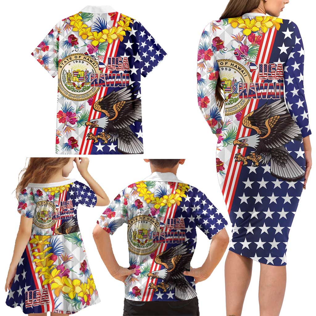Hawaii and United States Together Family Matching Long Sleeve Bodycon Dress and Hawaiian Shirt Seal of Hawaii and Bald Eagle - Wonder Print Shop
