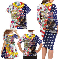 Hawaii and United States Together Family Matching Long Sleeve Bodycon Dress and Hawaiian Shirt Seal of Hawaii and Bald Eagle - Wonder Print Shop