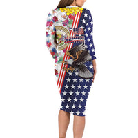 Hawaii and United States Together Family Matching Long Sleeve Bodycon Dress and Hawaiian Shirt Seal of Hawaii and Bald Eagle - Wonder Print Shop
