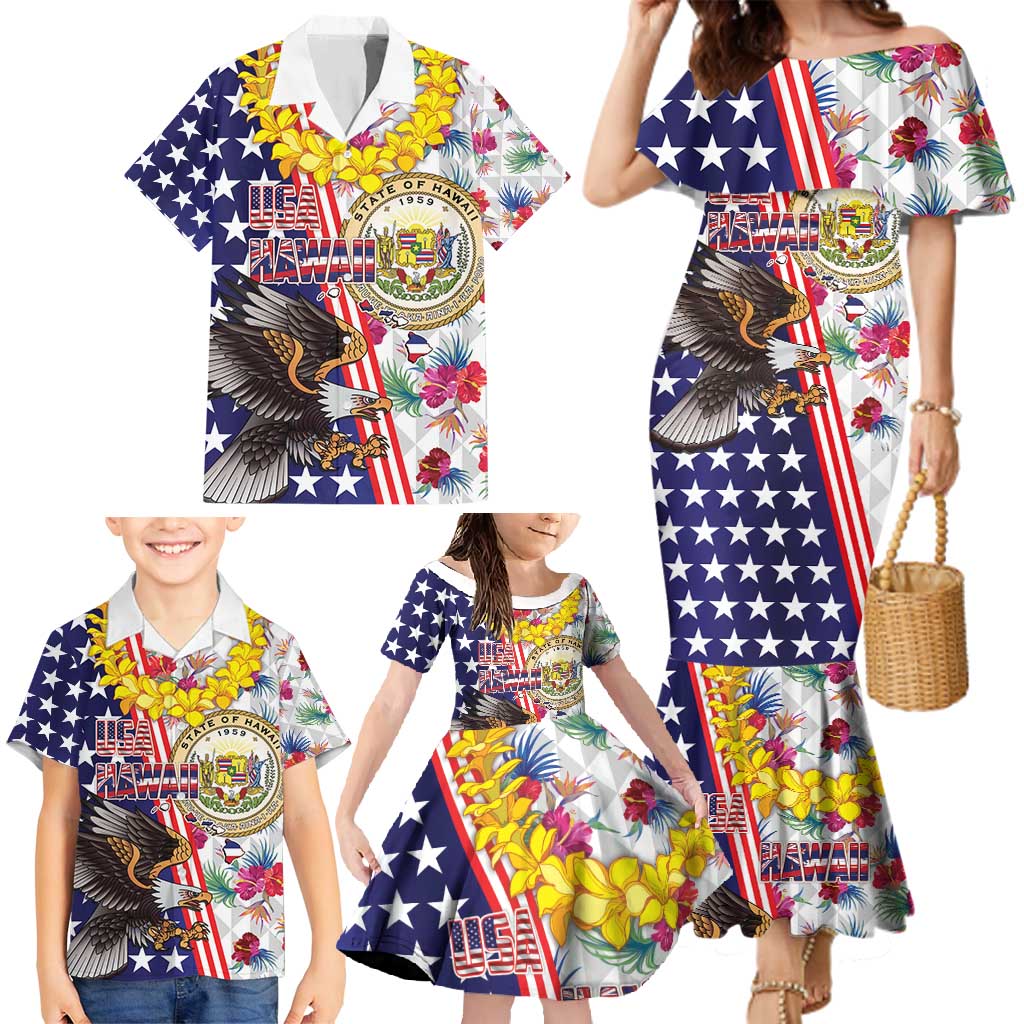 Hawaii and United States Together Family Matching Mermaid Dress and Hawaiian Shirt Seal of Hawaii and Bald Eagle - Wonder Print Shop